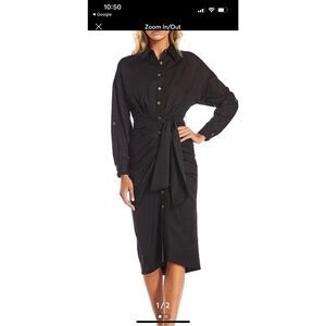 Antonio Melani Roxanne Black Tie Waist Shirt Dress Sz 10 Ruched Pointed Collar